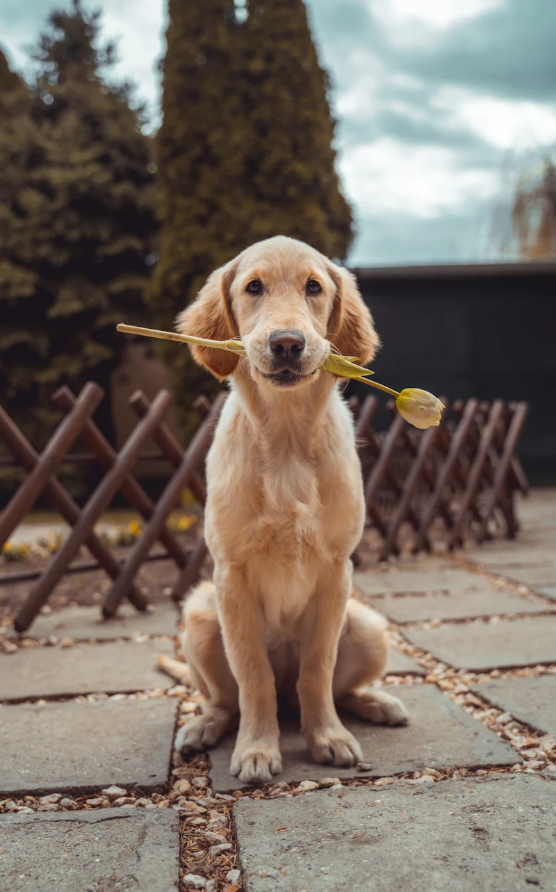 Un chiot labrador tenant une fleur dans sa gueule
