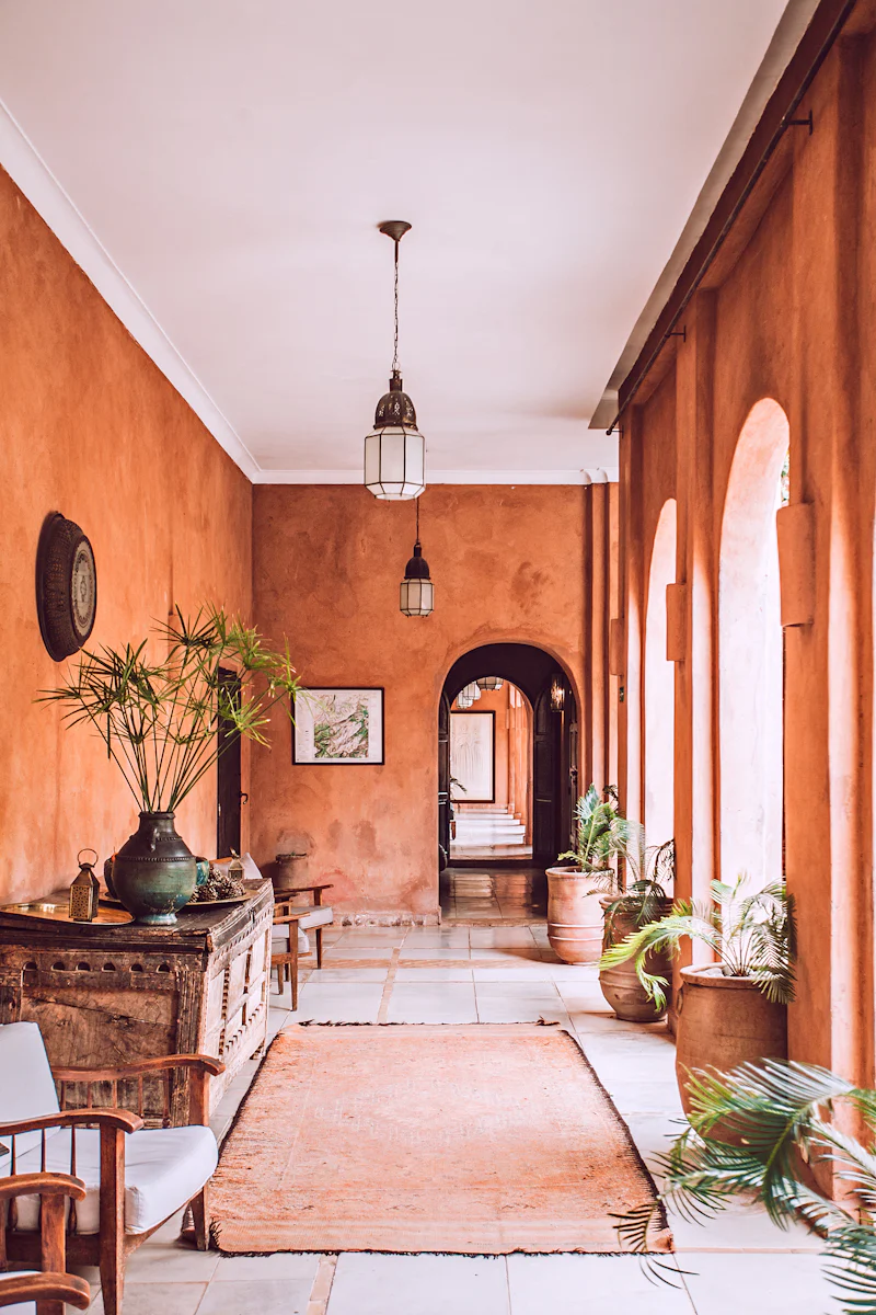 Un salon aux tons terre cuite avec des plantes