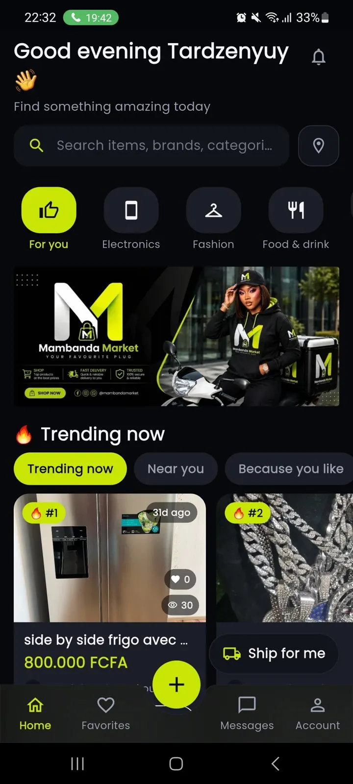 Écran d’accueil de l’application Mambanda Market